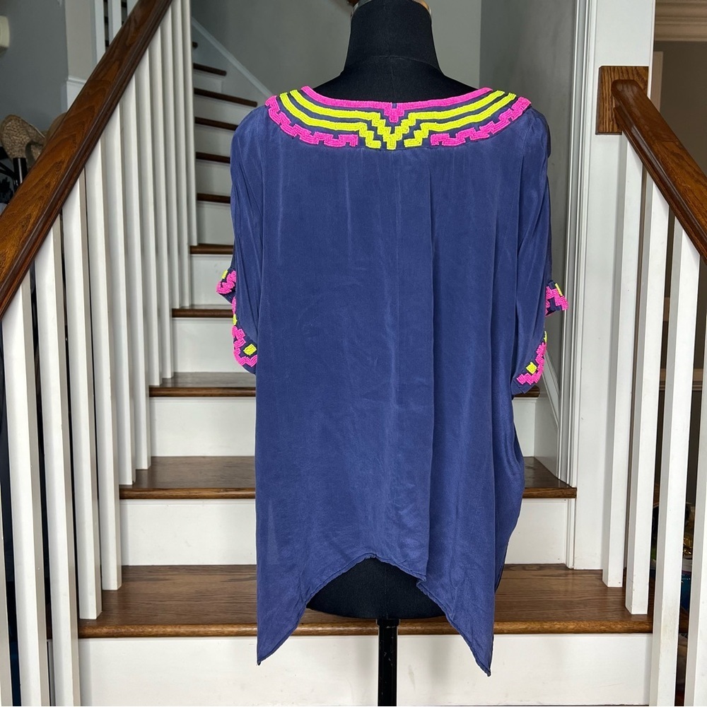 Mara Hoffman Silk Embroidered Tunic Top Petite Small Navy Pink Neon Boho - Picture 3 of 7